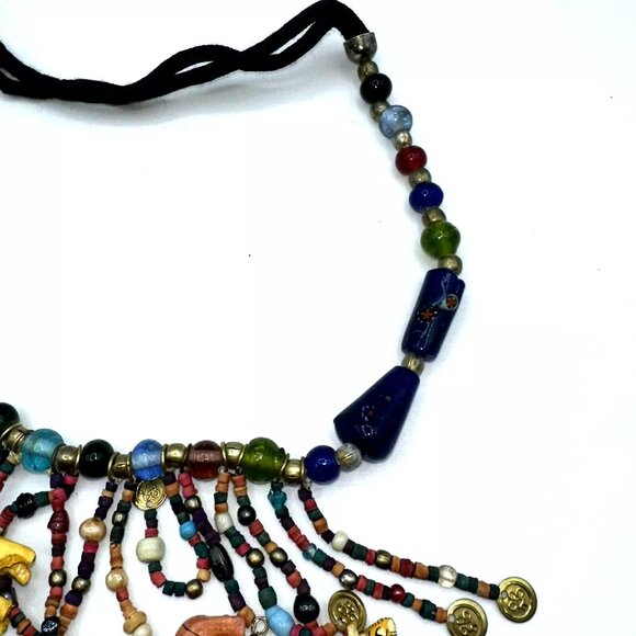 Africa Glass Bead Carved Animal Dangle Fringe Multicolor Statement Necklace/Belt - Picture 8 of 11